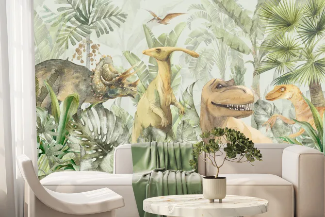 Fototapeta: Tropikalna dżungla z dinozaurami w akwareli