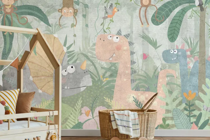 Fototapeta: Tropikalna dżungla z dinozaurami i wesołymi małpkami