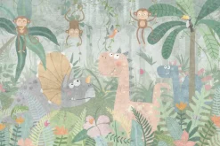 Fototapeta: Tropikalna dżungla z dinozaurami i wesołymi małpkami
