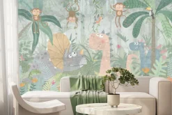 Fototapeta: Tropikalna dżungla z dinozaurami i wesołymi małpkami