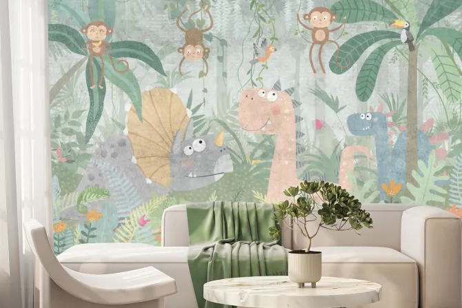 Fototapeta: Tropikalna dżungla z dinozaurami i wesołymi małpkami