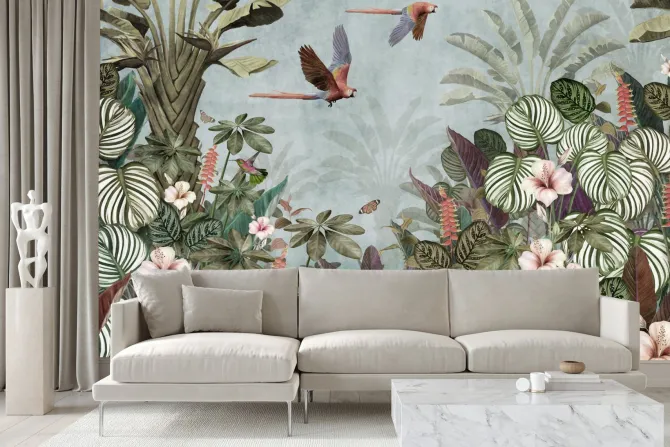 Fototapeta: Tropikalna dżungla z kwiatami i ptakami