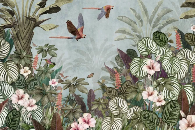 Fototapeta: Tropikalna dżungla z kwiatami i ptakami