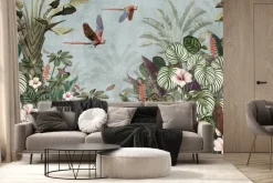 Fototapeta: Tropikalna dżungla z kwiatami i ptakami