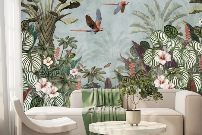 Fototapeta: Tropikalna dżungla z kwiatami i ptakami