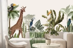 Fototapeta: Tropikalna dżungla z żyrafą, papugami i małpami