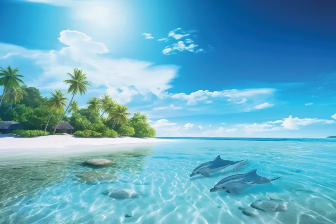 Fototapeta: Tropikalna wyspa z delfinami