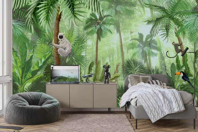 Fototapeta: Tropikalna zielona roślinność w dżungli ze zwierzątkami