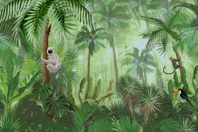 Fototapeta: Tropikalna zielona roślinność w dżungli ze zwierzątkami