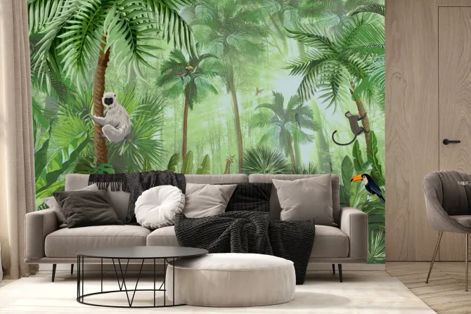 Fototapeta: Tropikalna zielona roślinność w dżungli ze zwierzątkami