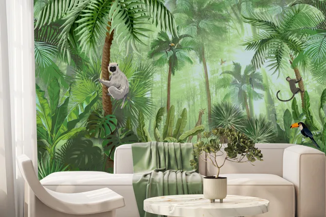 Fototapeta: Tropikalna zielona roślinność w dżungli ze zwierzątkami