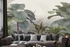 Fototapeta: Tropikalne drzewa i liście w mglistym lesie