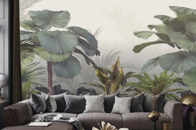 Fototapeta: Tropikalne drzewa i liście w mglistym lesie