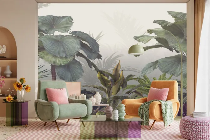 Fototapeta: Tropikalne drzewa i liście w mglistym lesie