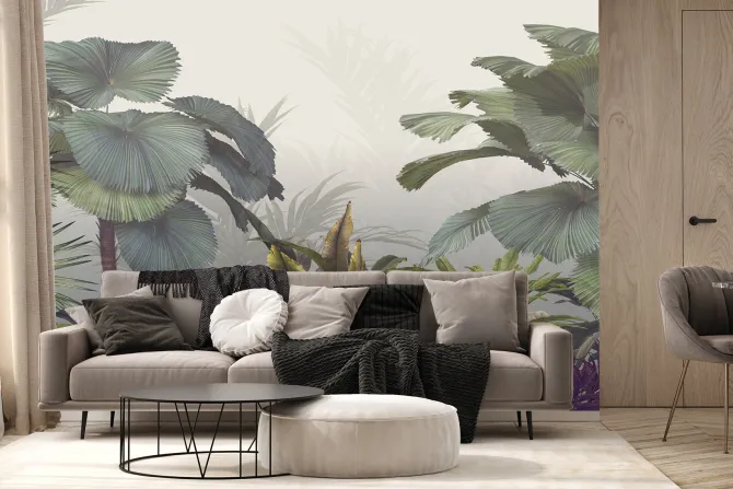 Fototapeta: Tropikalne drzewa i liście w mglistym lesie