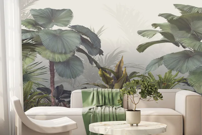 Fototapeta: Tropikalne drzewa i liście w mglistym lesie