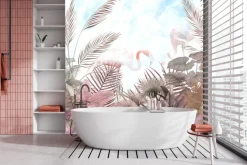 Fototapeta: Tropikalne drzewa liście i flaming w mglistym lesie