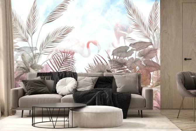 Fototapeta: Tropikalne drzewa liście i flaming w mglistym lesie