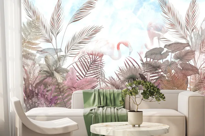 Fototapeta: Tropikalne drzewa liście i flaming w mglistym lesie