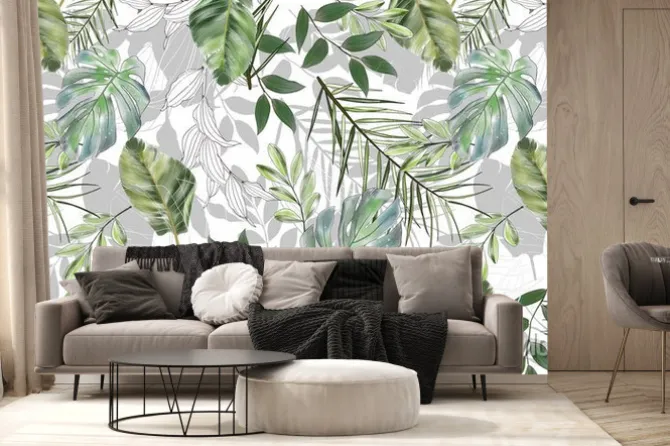 Fototapeta: Tropikalne liście w odcieniach zieleni i szarości