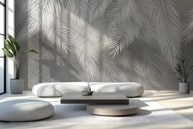 Fototapeta: Tropikalne liście palmowe w bieli i szarości na tle z efektem