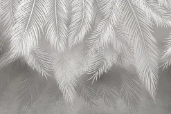 Fototapeta: Tropikalne liście palmowe w bieli i szarości na tle z efektem
