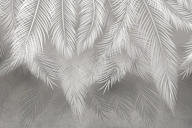 Fototapeta: Tropikalne liście palmowe w bieli i szarości na tle z efektem