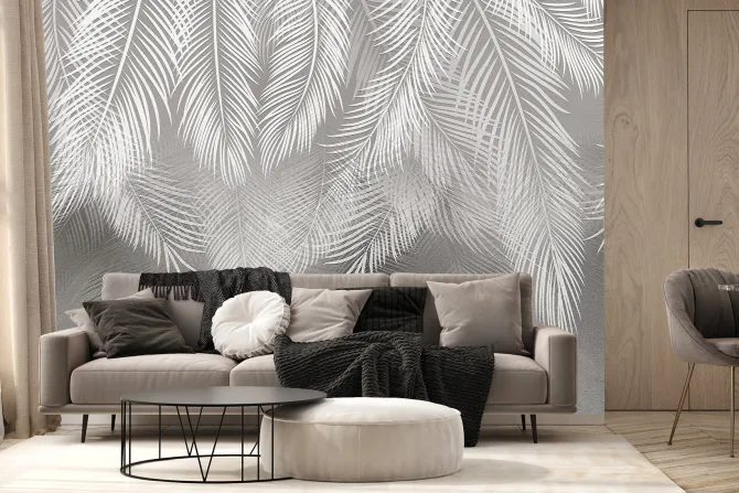 Fototapeta: Tropikalne liście palmowe w bieli i szarości na tle z efektem