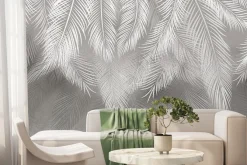 Fototapeta: Tropikalne liście palmowe w bieli i szarości na tle z efektem