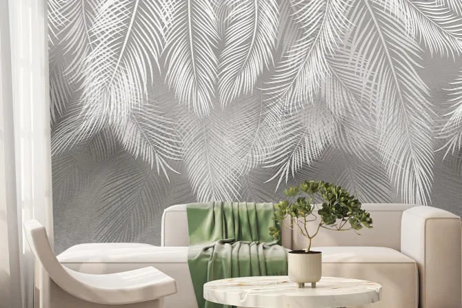 Fototapeta: Tropikalne liście palmowe w bieli i szarości na tle z efektem