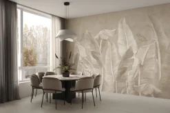 Fototapeta: Tropikalne liście bananowca i motyle na teksturowym tle w monochromatycznych