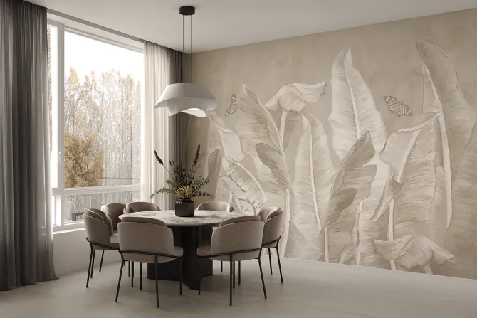 Fototapeta: Tropikalne liście bananowca i motyle na teksturowym tle w monochromatycznych