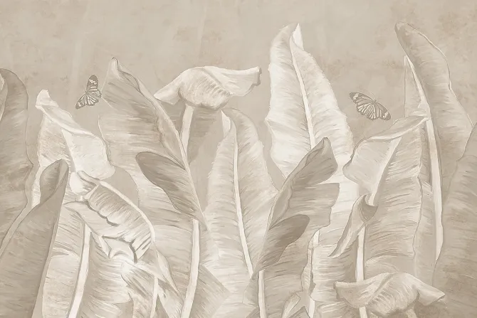 Fototapeta: Tropikalne liście bananowca i motyle na teksturowym tle w monochromatycznych