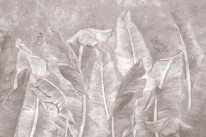 Fototapeta: Tropikalne liście bananowca i motyle na teksturowym tle w monochromatycznych