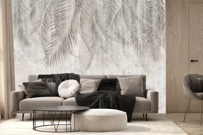 Fototapeta: Tropikalne liście palmowe w odcieniach szarości i beżu