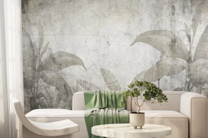 Fototapeta: Tropikalne liście na popękanej starej ścianie