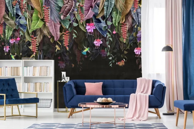 Fototapeta: Tropikalne liście bananów z kwiatami i motylami