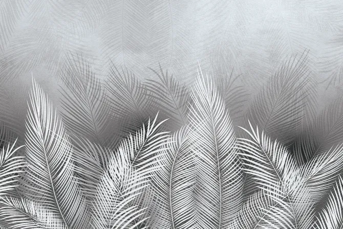 Fototapeta: Tropikalne liście palmy w bieli i szarości z efektem betonu