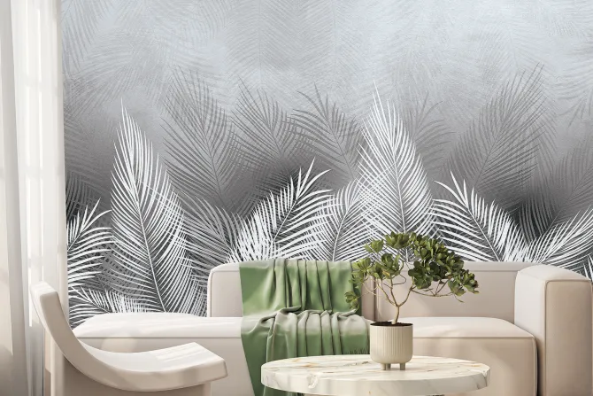 Fototapeta: Tropikalne liście palmy w bieli i szarości z efektem betonu
