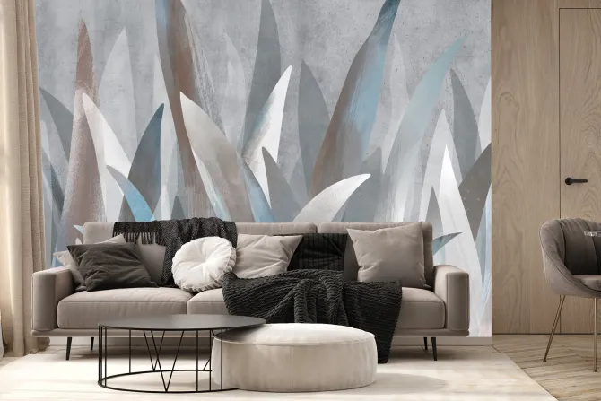 Fototapeta: Tropikalne liście na tle z betonową teksturą w stylu abstrakcyjnym