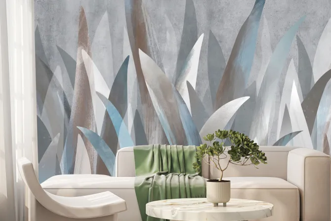 Fototapeta: Tropikalne liście na tle z betonową teksturą w stylu abstrakcyjnym