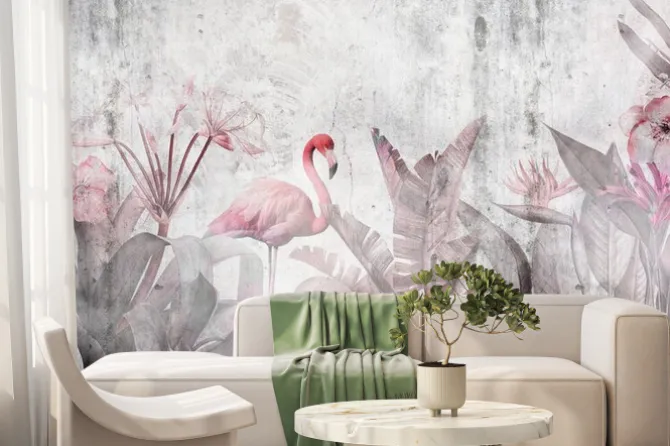 Fototapeta: Tropikalne liście i flamingi