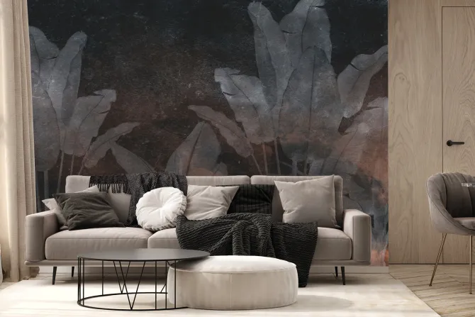 Fototapeta: Tropikalne rośliny na ciemnej betonowej ścianie