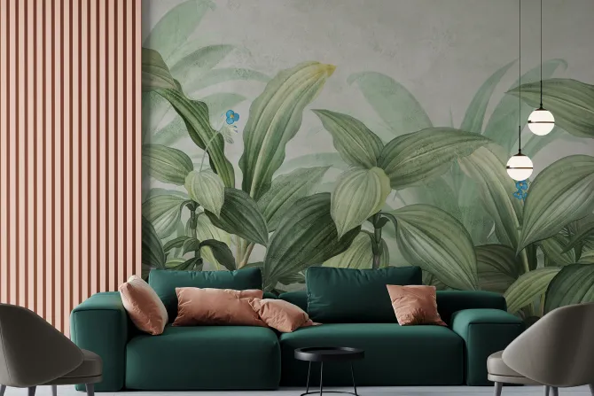 Fototapeta: Tropikalne rośliny i małe niebieskie kwiatki