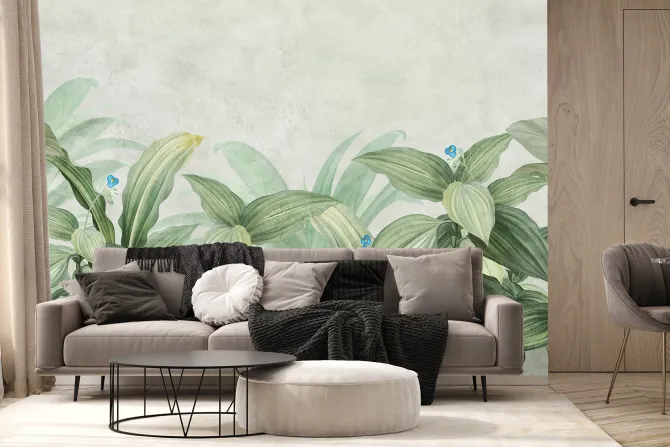 Fototapeta: Tropikalne rośliny i małe niebieskie kwiatki