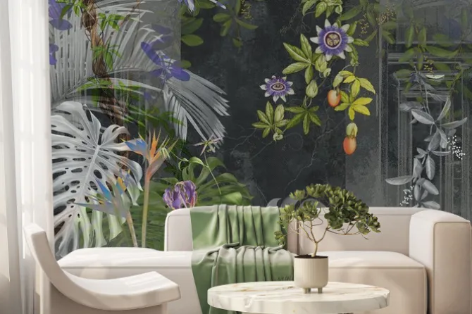 Fototapeta: Tropikalne rośliny kwiaty i liście na ciemnym tle