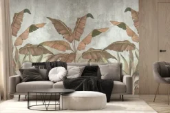 Fototapeta: Tropikalne rośliny i liście na szarym tle