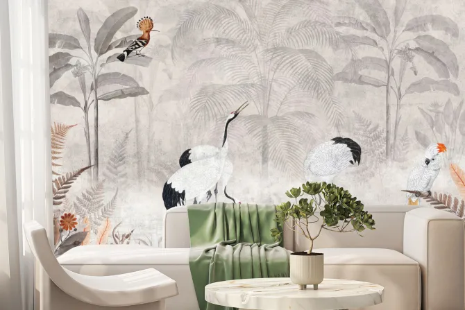 Fototapeta: Tropikalny krajobraz z żurawiami w dżungli