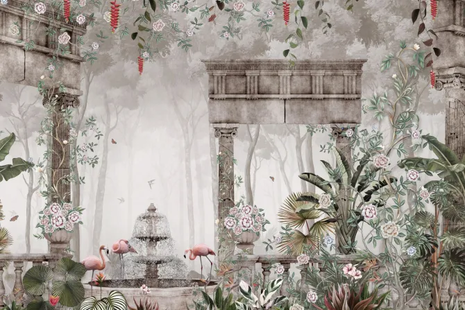 Fototapeta: Tropikalny las z fontanną i kolumnami