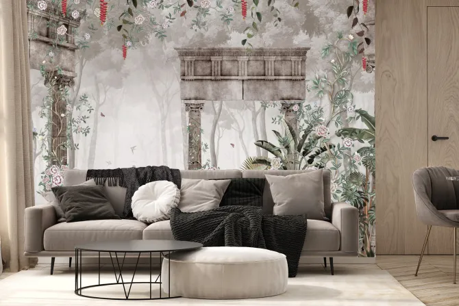 Fototapeta: Tropikalny las z fontanną i kolumnami